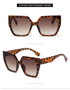 Detail view of leopard print square sunglasses with gradient brown lenses from two angles