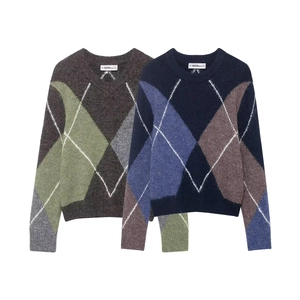 Women's retro argyle knit sweaters featuring classic crew neck and V-neck patterns