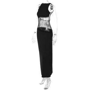 Detail of waist lace splicing on a black sleeveless maxi dress with sheer mesh texture