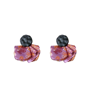Irregular petal design earrings with black metal top and purple floral pattern