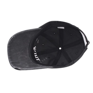 Detail of 100% cotton inner lining and sweatband on washed distressed baseball cap
