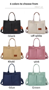 Grid display showing six colors of canvas tote bags with front pockets and crossbody straps