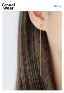 Detail of elegant gold-plated titanium steel threader earrings worn on ear with drop tassel