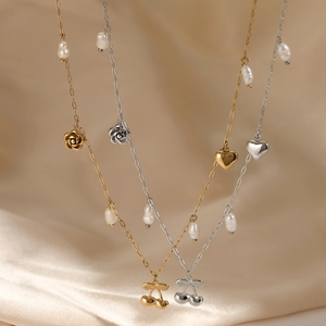Collier En Acier Inoxydable Avec Künstliche Perles D'eau Douce Naturelles Pendentifs Cerise Rose Cœur Bijoux Plaqué Or Pour Femmes