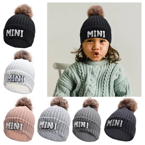 Knitted Beanie Hat With Faux Fur Pom Pom MAMA MINI Letter Embroidery Winter Warm Parent Child Matching Women Kids