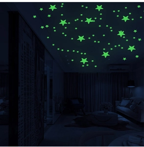 Glow in the dark star stickers in green light scattered on bedroom ceiling at night