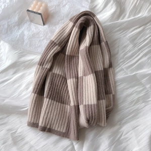 Thick knitted checkered scarf in beige and brown, cozy winter neck warmer for women