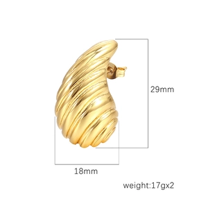 Golden hollow water drop earrings in titanium steel with ripple texture and 29mm height