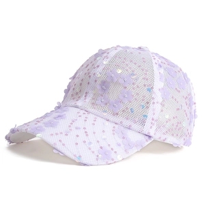 Women's sun protection baseball cap with floral patches and sequins in lavender and white