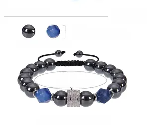 Detail of 10mm hematite and blue jade beaded bracelet with adjustable cord and dimensions