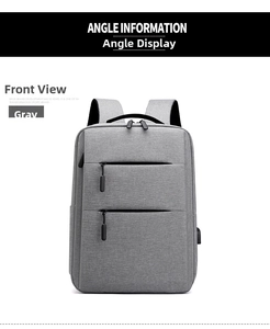 Front view of grey minimalist business backpack with dual zippers and USB port