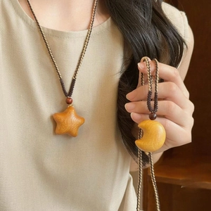 Handmade Wood Star Moon Pendant Necklace Bohemian Woven Rope Retro Ethnic Style Jewelry Accessory For Women