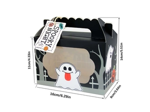 Detailed dimensions of Halloween gift box with Spooky Night tag and pumpkin motifs