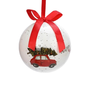 White Christmas ball ornament featuring a vintage red truck and a festive happy message