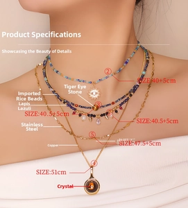 Detail of layered bohemian necklaces featuring natural tiger eye and lapis lazuli beads