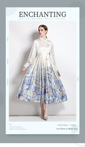 Detail of satin floral maxi dress featuring high neck and lantern sleeve texture