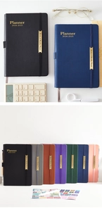 Detail view of 2024-2025 faux leather planners in multiple colors with elastic closures