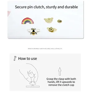 Cartoon enamel pin set with rainbow and bee designs plus functional usage guide
