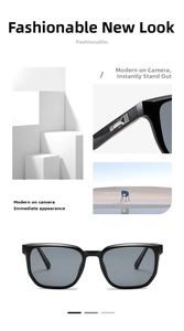 Detailed view of black square sunglasses with silver metal accents on white geometry