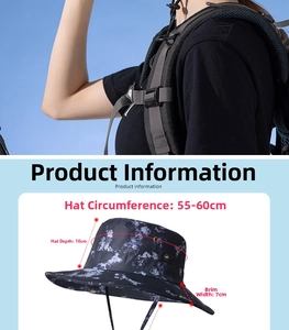Detailed measurement guide for wide brim sun hat showing depth, brim length, and circumference