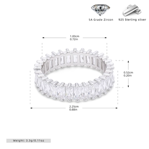Detailed size chart of S925 sterling silver ring with 5A grade zircon measurements