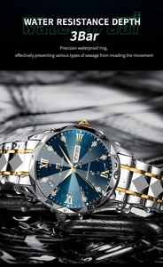 Close-up of waterproof watch with blue dial and water splashes highlighting 3Bar resistance