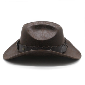 Chapeau de cowboy western vintage marron foncé avec sangle en cuir et clous