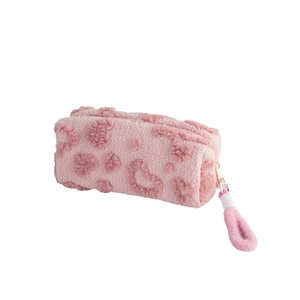 Pink plush heart pencil case with large capacity and soft faux fur texture for girls