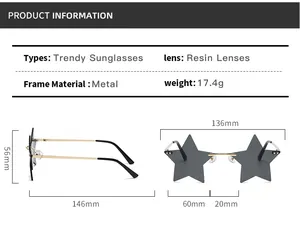Detailed size specifications for rimless star sunglasses with 136mm total frame width