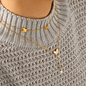 Double Layer Butterfly Pendant Necklace Stainless Steel 18K Gold Plated Mother Of Artificial Pearl Shell Elegant Jewelry For Women