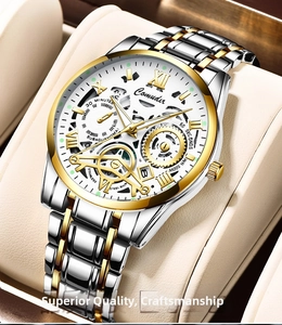 Detailed macro view of Comuder skeleton watch dial with luminous Roman numerals