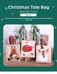 Détails des sacs de Noël en toile de jute avec motifs Père Noël, renne et bonhomme de neige
