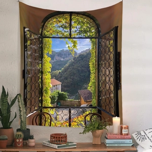 Detail view of 3D window landscape tapestry hanging on a minimalist white wall