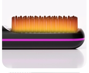 Macro shot of ionic hair straightener brush with purple line and heating elements