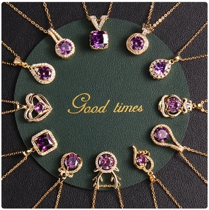 Detailed collection of twelve gold necklaces featuring diverse purple zircon stone pendants