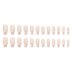 Glossy nude coffin press-on nails with white irregular geometric lines 24pcs set