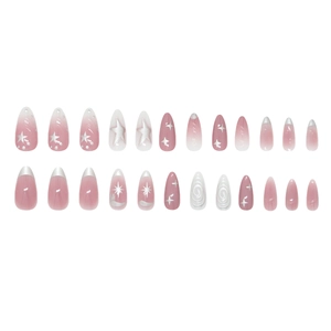 Pink gradient almond press on nails with silver stars and French moon art designs