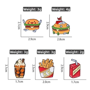 Detailed size chart for colorful cartoon food enamel pins showing dimensions and weight