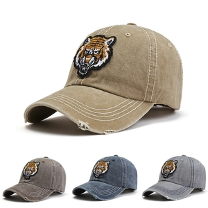 Tiger Head Embroidery Baseball Cap Washed Cotton Distressed Vintage Outdoor Sun Protection Adjustable Hat For Men Women