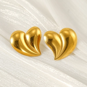 Elegant 18k gold plated stainless steel heart stud earrings with a 3D layered design