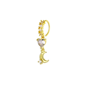 Golden nose ring with heart and moon pendants inlaid with clear zircon stones