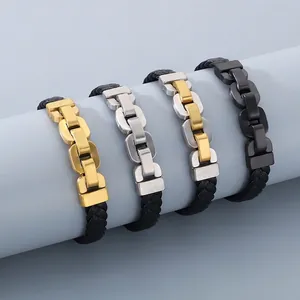 Men Woven Leather Bracelet Stainless Steel Matte Motorcycle Chain Punk Industrial Jewelry Magnetic Clasp