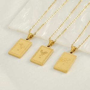 Golden zodiac square pendant necklaces in stainless steel featuring monkey, rooster, and rat