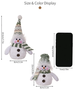 Size comparison of plush Christmas snowmen with green knit hats and dimensions