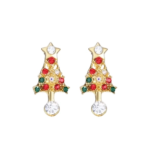 Detailed view of Christmas tree earrings with gold metal base and colorful rhinestones