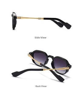 Side and back view of narrow frame sunglasses with gold metal and black acetate temples