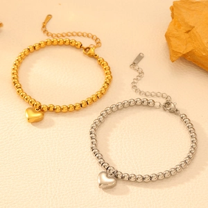 Bracelets à perles en acier inoxydable doré et argenté avec pendentifs en forme de cœur