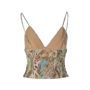 Detailed close-up of V-neck camisole featuring green and pink animal print patterns