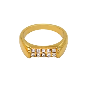 18K gold plated stainless steel ring with ten square zircon stones on white background