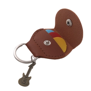 Brown leather guitar pick holder keychain with metal guitar charm and colorful picks